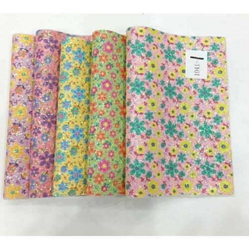 Colorful Flower Printed Multicolored Sparkle Chunky Glitter Faux Leather Fabric Sheet for Making Hair Bow/Shoe/Bag/Craft