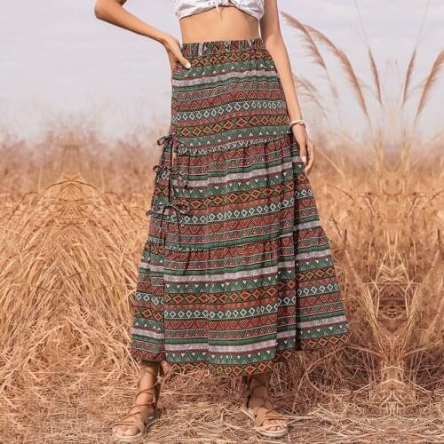 2021 Summer New Style Fashion Womens Ethnic Style Vintage Lace-up Waist Long Skirts for Women Split Female Boho Green Skirt
