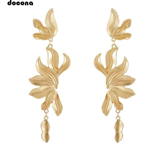 Docona Punk Gold Color Long Leaf Drop Dangle Earring for Women Girl Metal Leaves Tassel Piercing Earrings Brincos 9127