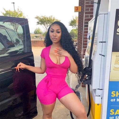 FUFUCAILLM Female Playsuits Solid Color Deep V-Neck Short Sleeve Ribbed Romper with Waist Belt for Summer Bodycon Streetwear