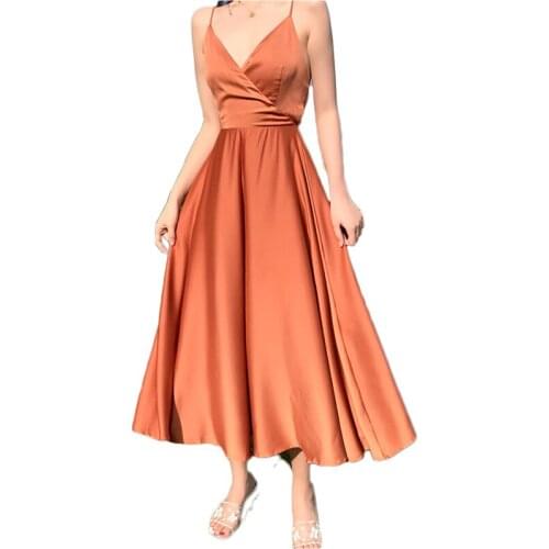 2021 Womens Dress Satin Sleeveless Strap Backless Solid Shiny Summer Sundress Sexy Imitation Silk Dress Female Formal Dress