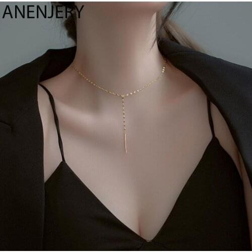 ANENJERY 925 Sterling Silver Y-Shaped Tassel Necklace For Women Simple Temperament Clavicle Chain Korean Hot-Selling Jewelry