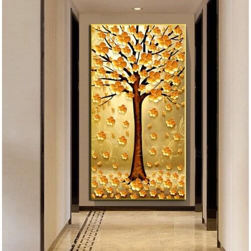 Golden Leaves Flower Tree Abstract Canvas Oil Paintings Poster Modern Landscape Wall Art Picture Print for Room Home Decoration