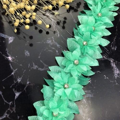 1 yard Green 3D Flower Pearl Diamond Lace Trim Applique Trimming Lace Ribbon Patches Embroidered Fabric Sewing Craft Handmade DIY Wedding Decoration