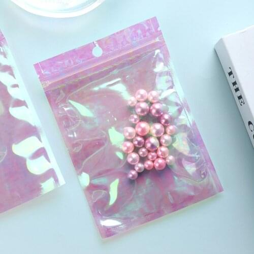 100pcs Thick Reclosable Holographic Pink Zipper Packaging Bag Cosmetic Jewelry Flat Pouches Laser Small Plastic Zip Lock Bags