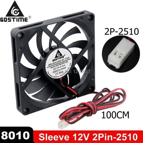 2 Pieces Lot Gdstime Brushless DC Cooling Fan 80mm 80x80x10mm 12V 2Pin 2510 Connector 100cm Cable Length 8010 8CM