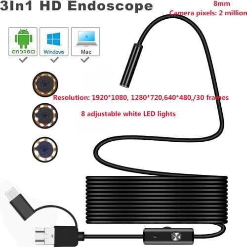 3 In 1 Endoscope Camera 8LEDs 8mm Flexible IP67 Waterproof Micro USB Inspection Borescope Camera for Android PC Notebook