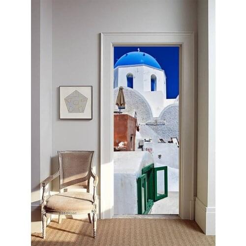 3D Greece Houses Door Mural Wallpaper mural Wall Print Decal Wall Deco Wall Mural Photo self adhesive door wrap