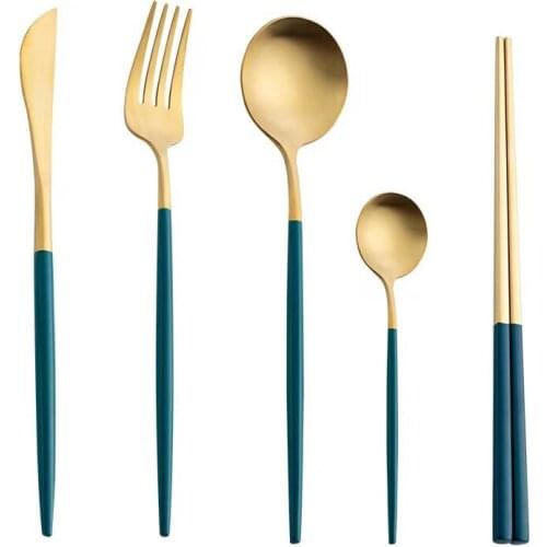 5Pcs/Lot Stainless Steel Cutlery Box Set Black Gold Dinner Spoon Forks Chopsticks Knife Teaspoon Kitchen Western Dinnerware