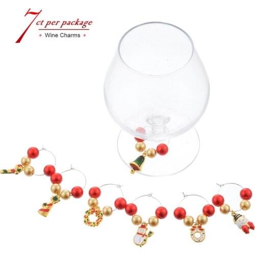 7PCs Christmas Wine Glass Marker Red and White Acrylic Beads Metal Ring Zinc Alloy Pendants Home Christmas Party Decoration