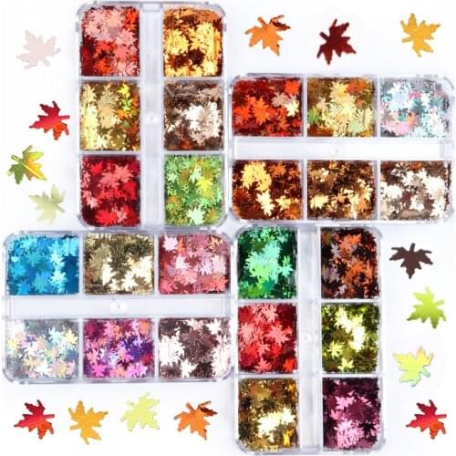 6Grids Nail Art Slices Sequins Holographic Maple Leaf Shaped Glitter Paillette Flakes UV Gel Nail Stickers Holo Nail Sequins