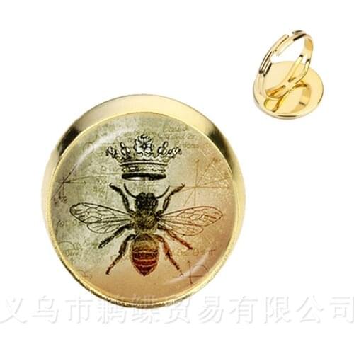 Owl/Bee Pattern Classic Rings Insect Art Picture Glass Cabochon Dome Silver/Golder Plated 2 Color Adjustable Rings