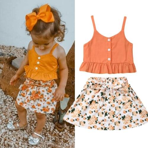 2PCS Toddler Kids Baby Girls Summer Clothes Sling Tops+Floral Skirt Dress Outfit Set 1-6Y