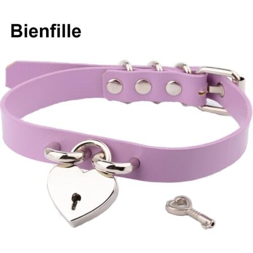 Harajuku Handmade Genuine Leather Choker Kawaii Plain Necklace For Women Men Heart Collar With Key