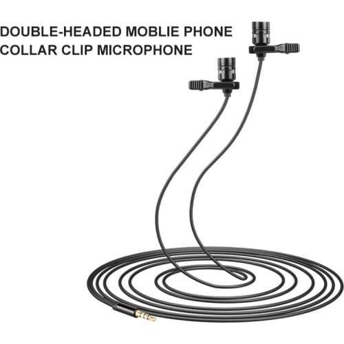 Dual-Head Lavalier Microphone 1m Clip-on Collar Condenser Microphone Handsfree Lapel Mic for Smartphone Canon DSLR Camera PC