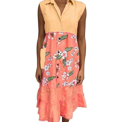 Shirt Dress Women Midi Dress Floral Print Contrast Color Women Lapel Sleeveless Lapel Dress Floral Print Ruffled Hem Dress