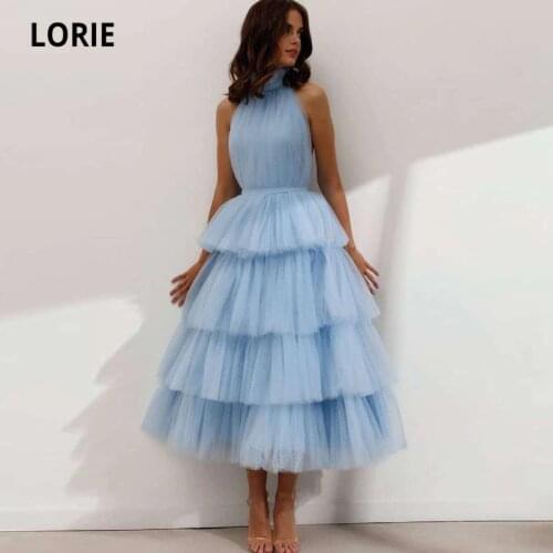 LORIE Baby Blue Prom Dresses High Neck Tiered Tulle Tea Length Backless Summer Arabic Wedding Party Gown Graduation Dress 2021