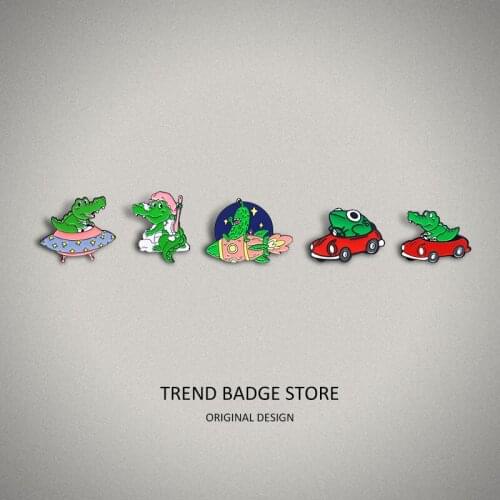 Crocodile bath frog Crocodile racing alien Crocodile flying in space Cartoon animal pin badges for backpack