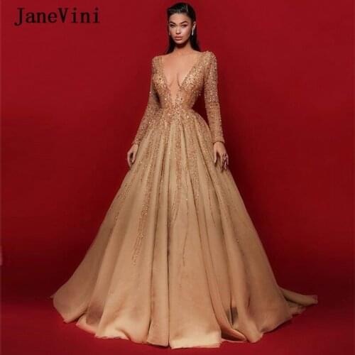 JaneVini 2020 Luxury Champagne Dubai Arabic Long Sleeve Evening Dresses V Neck Shiny Rhinestone Beaded A Line Tulle Formal Gowns