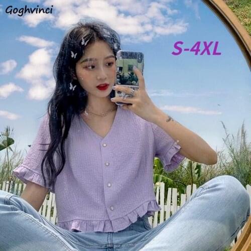 Shirt Women Plus Size Baggy Solid Ladies Tops Clothing Leisure V-Neck Popular Single Breasted Preppy Sweet Girl Hot Selling Chic