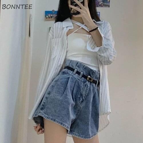 Shorts Women All Match Belt Casual Korean Style Denim Draped High Waist Loose Summer Feminino Wide Leg Chic Hot Ladies Bottom