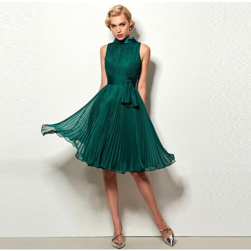 Tanpell Vintage Cocktail Dress High Neck Ruched Pick-up Knee Length Woman Party Gown A Line Cocktail Dress