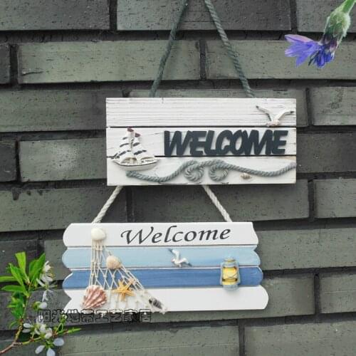 High quality (1 PCS ) Mediterranean Sea style Decor Home Accessories Wood Craft Hanging Wall Door Hang Retro Welcome Sign Decor