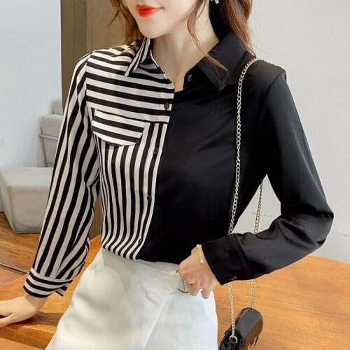Chikichi Shirt Women 2021 Fall New Top Womens Striped Stitched Ladies Tops Korean Fashion Button Up Blouse
