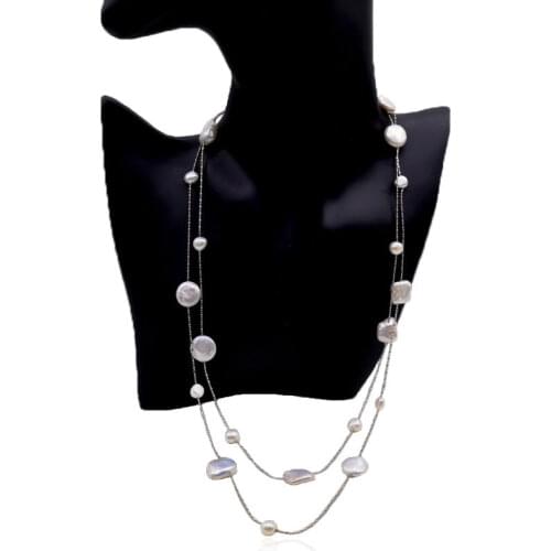 Ladies Baroque sweater necklace, long dress necklace, white irregular pearl, long necklace, double necklace, engagement jewelry