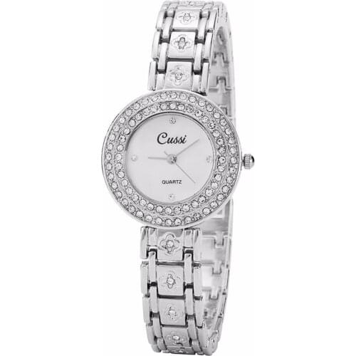 WA185 CUSSI Silver Women Bracelet Watches Flower Luxury Rhinestone Ladies Dress Watches Quartz Wristwatches relogio feminino