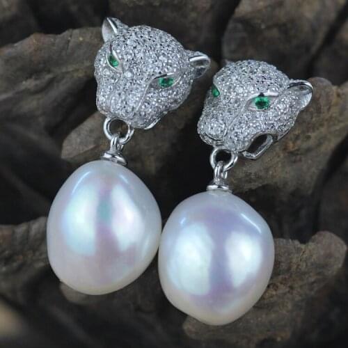 Women Gift word 925 Sterling silver real Punk series of leopard Head Earrings S925 Sterling Silver alien Pearl Earrings * s