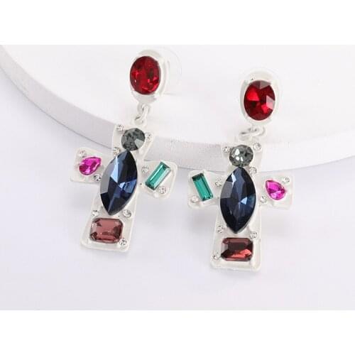 Newest Alloy Inlay Glass Crystal Cross Earrings Women Vintage Statement Long Earrings Female Rhinestone ZA Earrings Jewelry 2020