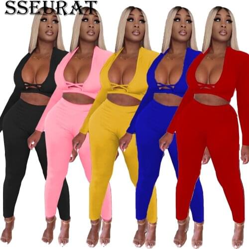 SSEURAT Women Set Solid Long Sleevel V-neck Crop Tanks Tops Pencil Pants Two 2 Piece Sets Active Tracksuit Autumn Outfits 2021