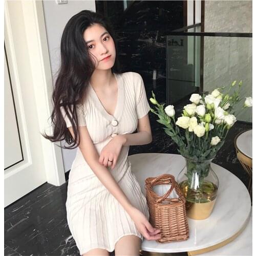 Chic Summer Qualities Women Midi Dress Tender Button Short Sleeve T-Shirt Plain Slim Pleated Dresses