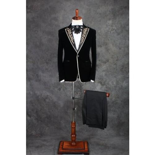 100%real mens stars/golden embroidery collar binding black tuxedo suit /event/evening/stage performance