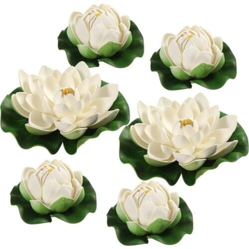6PCS Floating Plants Water Lily White Artificial Lotus Flower Leaf Pond Garden Pool Decor Plastic Simulation Plant