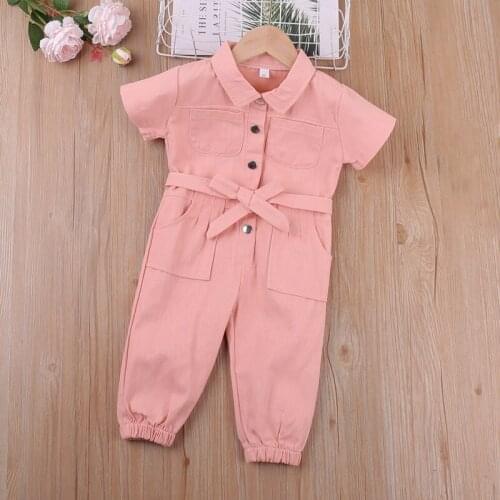 Summer New Girls Pink Short-sleeve Denim Jumpsuit Belt Siamese Trousers Fashion Leggings Pants Lapel Kids Childrens Clothes