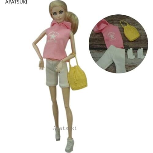 Pink Star Hoodie Outfits For Barbie Doll Clothes Set For Barbie Crop Pants Shorts Shoes Handbag Toys 1/6 Dolls Accessories