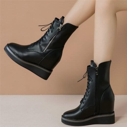 Platform Wedges Trainers Women Lace Up Cow Leather High Heel Ankle Boots Female High Top Round Toe Fashion Sneakers Casual Shoes