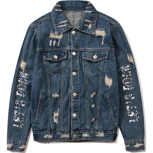2021 Letter Print Hole Punk Rock Denim Jacket For Men Style Retro Wash Hip Hop Jeans Outerwear Vintage Clothes Giubbotto Uomo