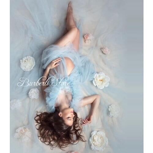 Charming Sky Blue V-neck Long Maternity Dress Photography See Thru Draped Mesh Tulle A-line Long Robe Women Dresses 2021