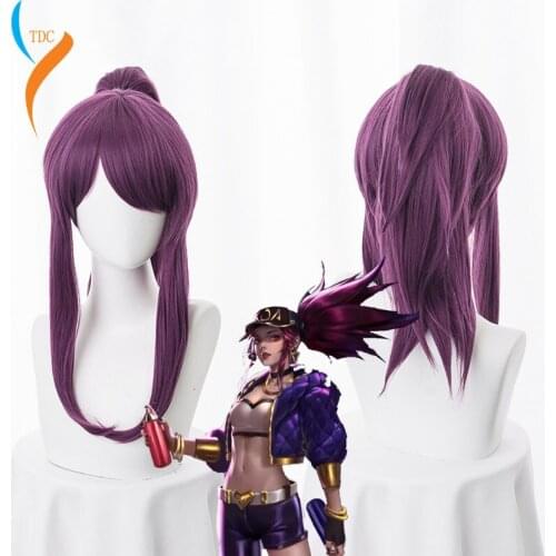 LOL KDA Akali The Rogue Assassin Akali Mixed Purple Ponytail Clip Heat Resistant Hair Cosplay Costume Wig + Free Wig Cap