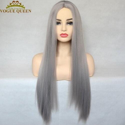 Vogue Queen Silver Grey Straight Synthetic Full Machine Made Wig Heat Resistant Fiber Daily Wear For Women