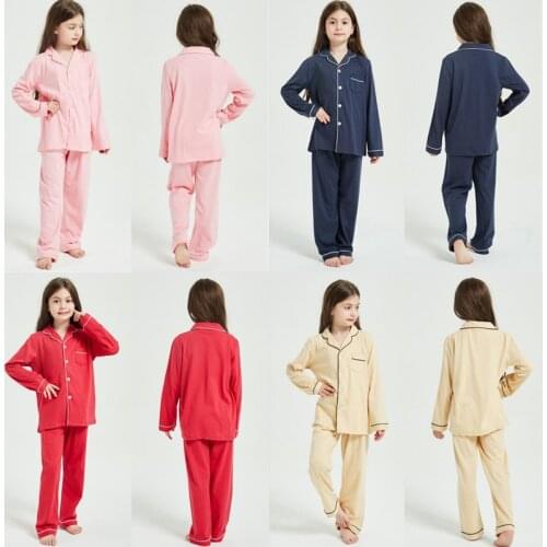 Spring Fall Autumn Winter Girls Boys Pajamas Sets Cotton Sleepwear Children Solid Kids Top and Pants Loungewear