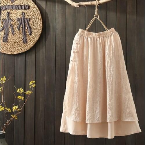 Japan Style Retro Literature Buckle Cotton and linen Skirt New Summer Pleated Double layer Skirt