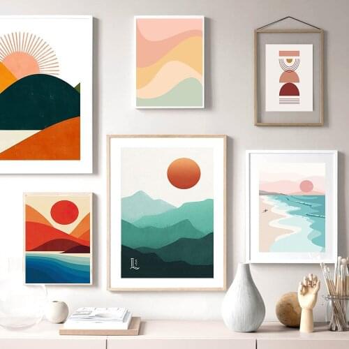Posters and Prints Abstract Burnt Orange Wall Art Canvas Painting Sun Mountain Minimalist One Line Drawing Home Wall Decor