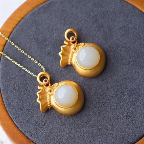 S925 Sterling Silver Inlaid Natural Hetian Jade White Jade Pendant Coin Small Chinese Character Fu Bag Hollow out Ancient Gildin