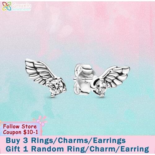 Smuxin 925 Sterling Silver Earrings Sparkling Angel Wing Stud Earrings Cubic Zirconia Statement Stud Earrings Women Earrings