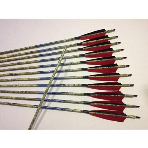 12pcs 100% pure carbon arrow spine300/340/400 ID6.2mm 5"turkey feather arrow nock 100gr field point for compound bow hunting