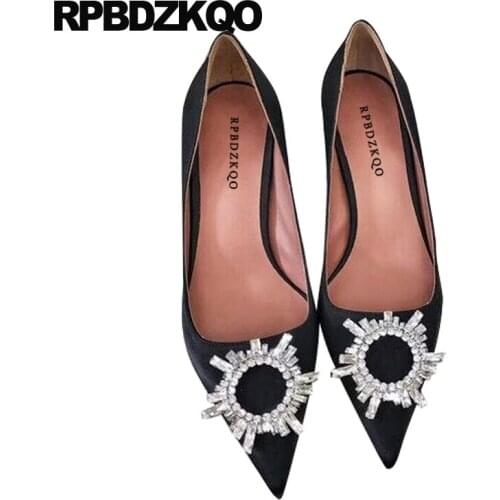 Sexy women shoes rhinestones diamond pointed toe satin pumps 2019 black genuine leather scarpin high heels crystal dress chic